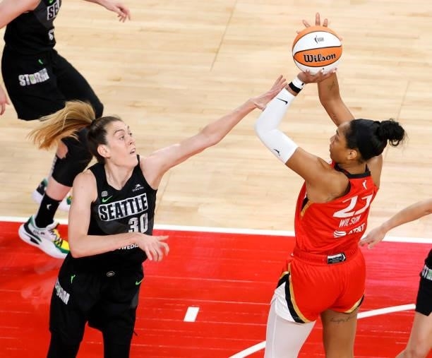 Ja Wilson of the Las Vegas Aces shoots against Breanna Stewart of the Seattle Storm during their game at Michelob ULTRA Arena on June 27, 2021 in Las...