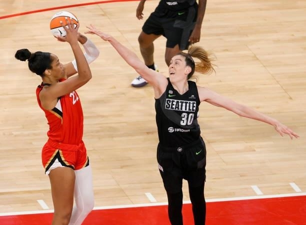 Ja Wilson of the Las Vegas Aces shoots against Breanna Stewart of the Seattle Storm during their game at Michelob ULTRA Arena on June 27, 2021 in Las...