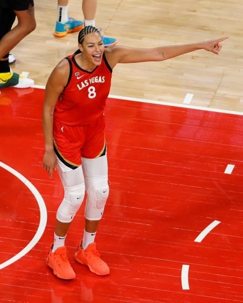 Liz Cambage of the Las Vegas Aces reacts after an official's call on an out-of-bounds play near the end of the fourth quarter against the Seattle...