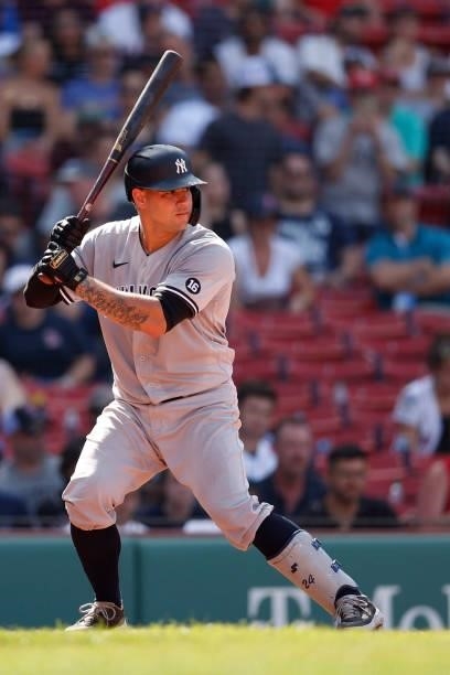 Gary Sanchez of the New York Yankees at bat against the Boston Red Sox after defeating the New York Yankees 9-2 at Fenway Park on June 27, 2021 in...