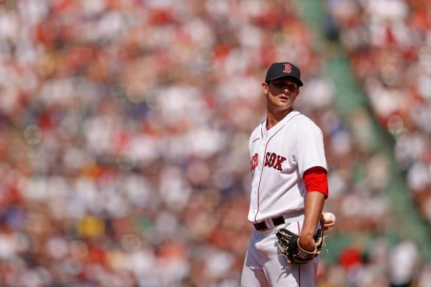 Garrett Whitlock of the Boston Red Sox looks on during the seventh inning against the New York Yankees at Fenway Park on June 27, 2021 in Boston,...