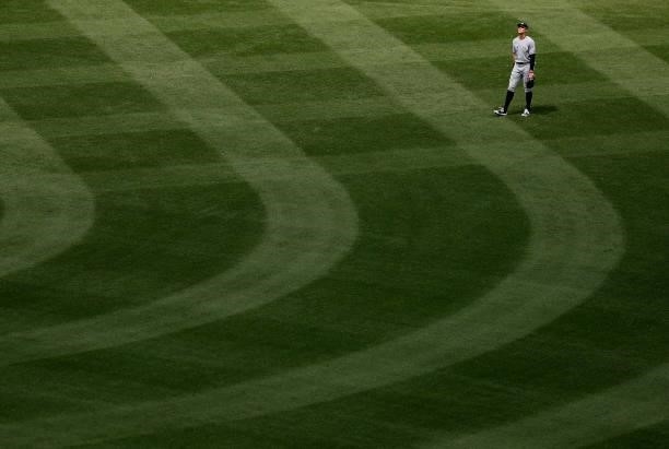 Aaron Judge of the New York Yankees looks on from the outfield during the game against the Boston Red Sox at Fenway Park on June 27, 2021 in Boston,...