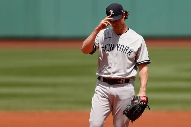 Gerrit Cole of the New York Yankees looks on during the first inning against the Boston Red Sox at Fenway Park on June 27, 2021 in Boston,...