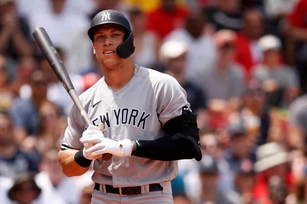 Aaron Judge of the New York Yankees at bat during the third inning against the Boston Red Sox at Fenway Park on June 27, 2021 in Boston,...