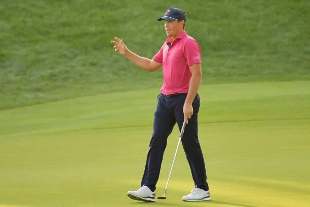 Kramer Hickok of the United States reacts to his putt during the fourth playoff hole of the final round of the Travelers Championship against Harris...