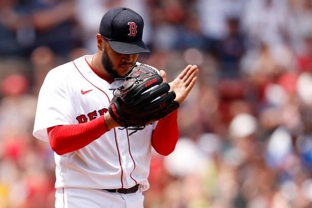 Eduardo Rodriguez of the Boston Red Sox celebrates during the third inning against the New York Yankees at Fenway Park on June 27, 2021 in Boston,...