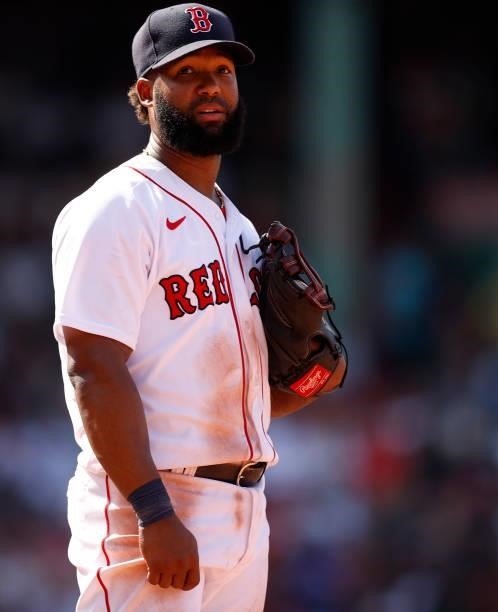 Danny Santana of the Boston Red Sox looks on during the ninth inning against the New York Yankees at Fenway Park on June 27, 2021 in Boston,...
