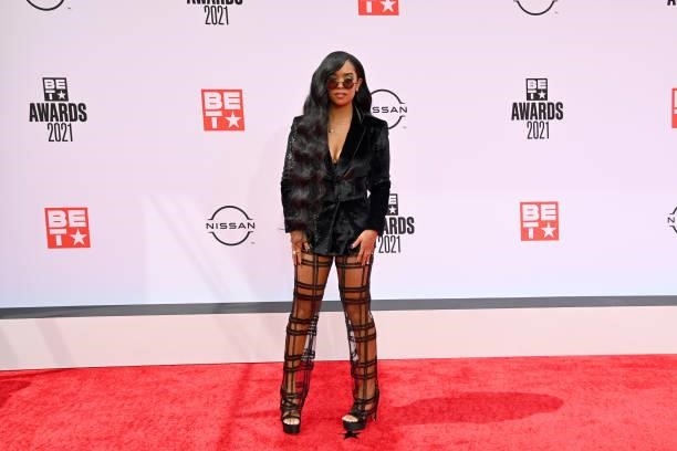 Attends the BET Awards 2021 at Microsoft Theater on June 27, 2021 in Los Angeles, California.