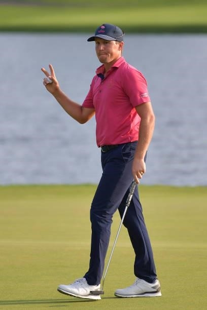Kramer Hickok of the United States reacts on the 17th green during the third playoff hole against Harris English of the United States during the...