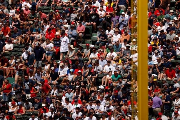 Fans sit inside Fenway park during the game between the Boston Red Sox and the New York Yankees on June 27, 2021 in Boston, Massachusetts.
