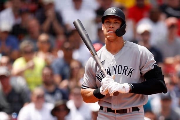 Aaron Judge of the New York Yankees at bat against the Boston Red Sox during the third inning at Fenway Park on June 27, 2021 in Boston,...
