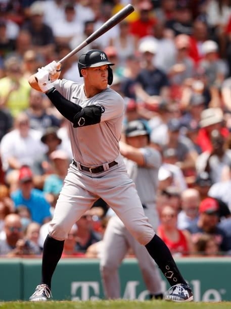 Aaron Judge of the New York Yankees at bat against the Boston Red Sox during the third inning at Fenway Park on June 27, 2021 in Boston,...