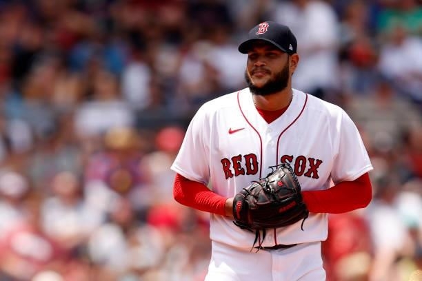 Eduardo Rodriguez of the Boston Red Sox looks on during the third inning against the New York Yankees at Fenway Park on June 27, 2021 in Boston,...