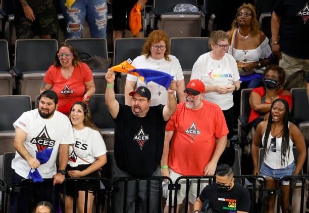 Fans react during overtime of a game between the Seattle Storm and the Las Vegas Aces at Michelob ULTRA Arena on June 27, 2021 in Las Vegas, Nevada....