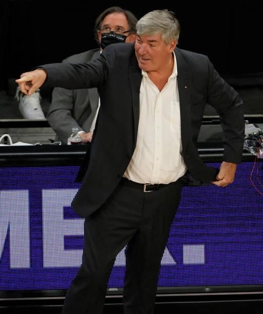 Head coach Bill Laimbeer of the Las Vegas Aces reacts during a game against the Seattle Storm at Michelob ULTRA Arena on June 27, 2021 in Las Vegas,...