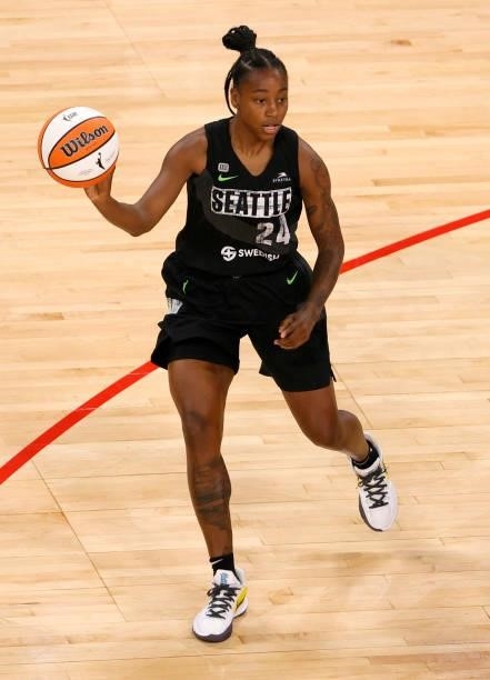 Jewell Loyd of the Seattle Storm passes against the Las Vegas Aces during their game at Michelob ULTRA Arena on June 27, 2021 in Las Vegas, Nevada....