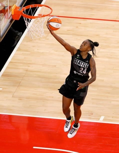 Jewell Loyd of the Seattle Storm shoots a layup against the Las Vegas Aces during their game at Michelob ULTRA Arena on June 27, 2021 in Las Vegas,...