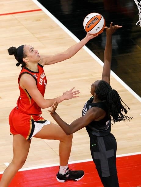 Dearica Hamby of the Las Vegas Aces drives to the basket against Ezi Magbegor of the Seattle Storm during their game at Michelob ULTRA Arena on June...