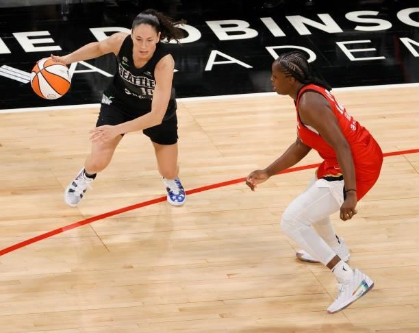 Sue Bird of the Seattle Storm is guarded by Chelsea Gray of the Las Vegas Aces during their game at Michelob ULTRA Arena on June 27, 2021 in Las...