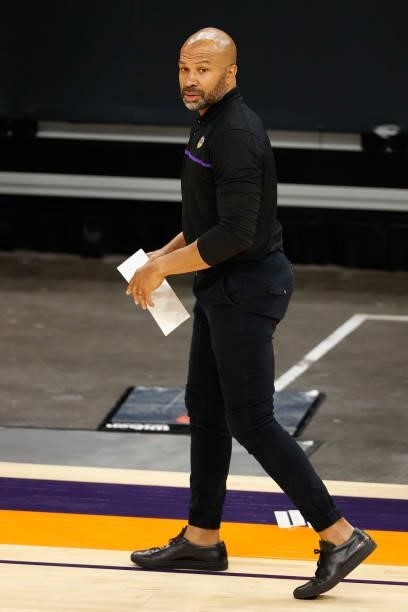 Head coach Derek Fisher of the Los Angeles Sparks looks on during the first half of the WNBA game against the Phoenix Mercury at Phoenix Suns Arena...