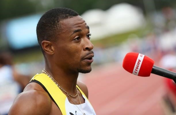 Wilhem Belocian answers to L'Equipe TV after winning the 110m hurdles final during day 2 of the 2021 French Athletics Championships at Stade Josette...