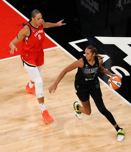 Mercedes Russell of the Seattle Storm is guarded by Liz Cambage of the Las Vegas Aces during their game at Michelob ULTRA Arena on June 27, 2021 in...