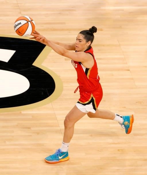 Kelsey Plum of the Las Vegas Aces passes the ball up the court against the Seattle Storm during their game at Michelob ULTRA Arena on June 27, 2021...
