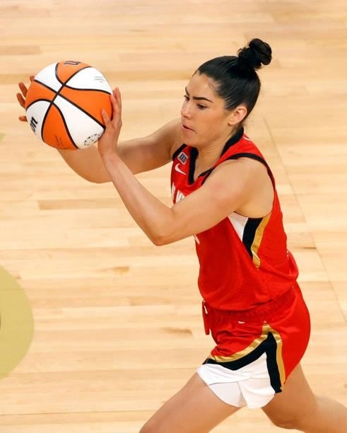 Kelsey Plum of the Las Vegas Aces passes the ball up the court against the Seattle Storm during their game at Michelob ULTRA Arena on June 27, 2021...