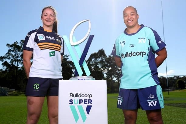Super W Captains Michaela Leonard of the Brumbies and Alexandra Sulusi of the President's XV pose during the 2021 Super W Captain's media call on...