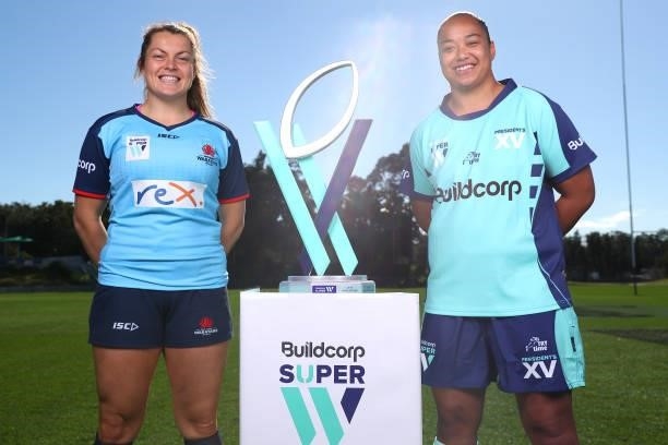 Super W Captains Grace Hamilton of the Waratahs and Alexandra Sulusi of the President's XV pose during the 2021 Super W Captain's media call on June...