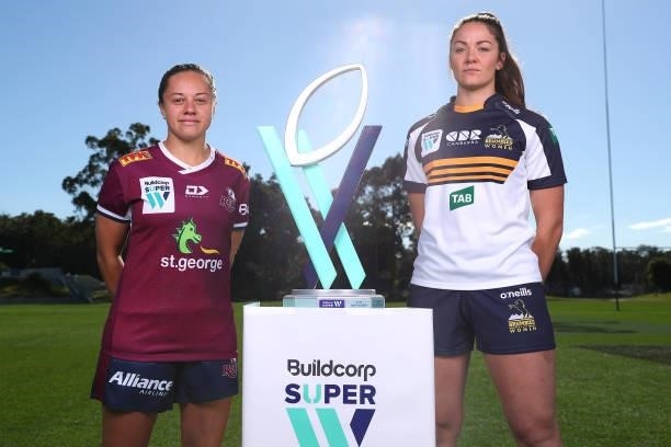 Super W Captains Cobie-Jane Morgan of the Reds and Michaela Leonard of the Brumbies pose during the 2021 Super W Captain's media call on June 28,...