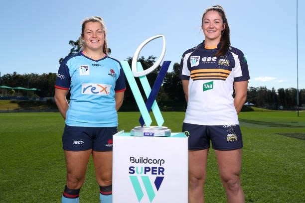 Super W Captains Grace Hamilton of the Waratahs and Michaela Leonard of the Brumbies pose during the 2021 Super W Captain's media call on June 28,...