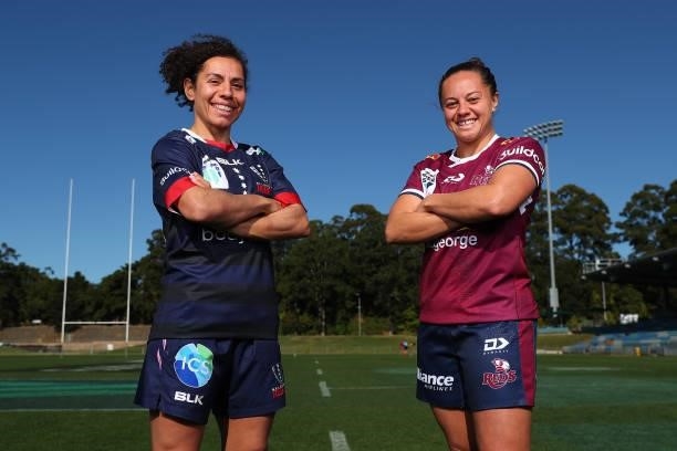 Super W Captains Melanie Kawa of the Rebels and Cobie-Jane Morgan of the Reds pose during the 2021 Super W Captain's media call on June 28, 2021 in...