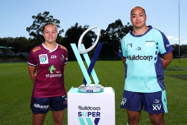Super W Captains Cobie-Jane Morgan of the Reds and Alexandra Sulusi of the President's XV pose during the 2021 Super W Captain's media call on June...