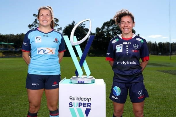 Super W Captains Grace Hamilton of the Waratahs and Melanie Kawa of the Rebels pose during the 2021 Super W Captain's media call on June 28, 2021 in...
