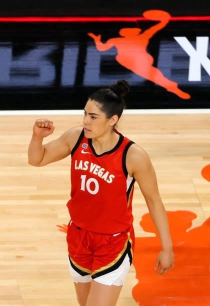 Kelsey Plum of the Las Vegas Aces reacts as time expires in overtime of their game against the Seattle Storm at Michelob ULTRA Arena on June 27, 2021...