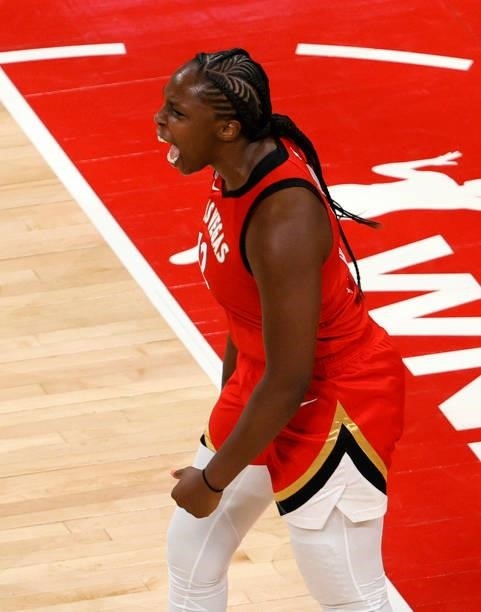 Chelsea Gray of the Las Vegas Aces reacts after she made a shot against the Seattle Storm and got fouled during overtime of their game at Michelob...