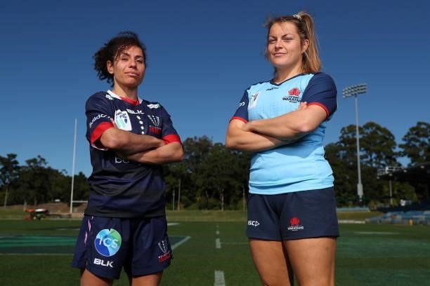 Super W Captains Melanie Kawa of the Rebels and Grace Hamilton of the Waratahs pose during the 2021 Super W Captain's media call on June 28, 2021 in...