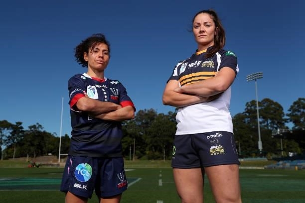 Super W Captains Melanie Kawa of the Rebels and Michaela Leonard of the Brumbies pose during the 2021 Super W Captain's media call on June 28, 2021...
