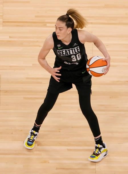 Breanna Stewart of the Seattle Storm brings the ball up the court against the Las Vegas Aces during their game at Michelob ULTRA Arena on June 27,...