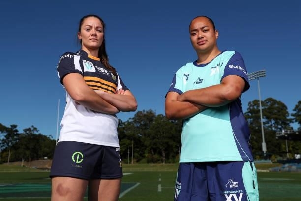 Super W Captains Michaela Leonard of the Brumbies and Alexandra Sulusi of the President's XV pose during the 2021 Super W Captain's media call on...