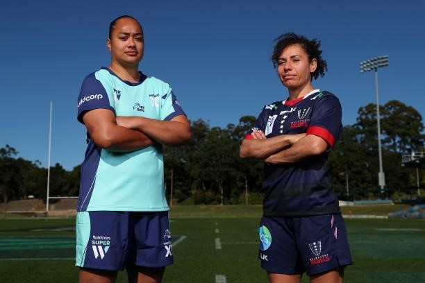 Super W Captains Alexandra Sulusi of the President's XV and Melanie Kawa of the Rebels pose during the 2021 Super W Captain's media call on June 28,...