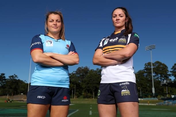 Super W Captains Grace Hamilton of the Waratahs and Michaela Leonard of the Brumbies pose during the 2021 Super W Captain's media call on June 28,...