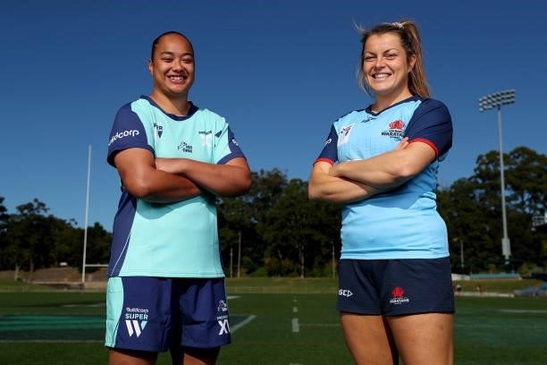 Super W Captains Grace Hamilton of the Waratahs and Alexandra Sulusi of the President's XV pose during the 2021 Super W Captain's media call on June...