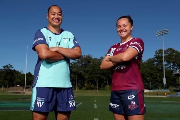 Super W Captains Alexandra Sulusi of the President's XV and Cobie-Jane Morgan of the Reds pose during the 2021 Super W Captain's media call on June...