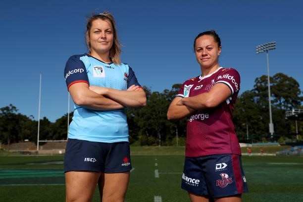 Super W Captains Grace Hamilton of the Waratahs and Cobie-Jane Morgan of the Reds pose during the 2021 Super W Captain's media call on June 28, 2021...