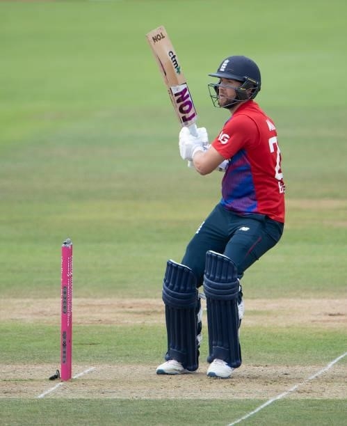 Dawid Malan of England hits runs during the T20 International Series Third T20I match between England and Sri Lanka at The Ageas Bowl on June 26,...