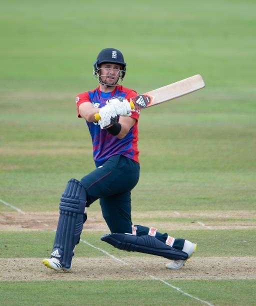 Liam Livingstone of England hits runs during the T20 International Series Third T20I match between England and Sri Lanka at The Ageas Bowl on June...