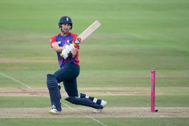 Liam Livingstone of England hits runs during the T20 International Series Third T20I match between England and Sri Lanka at The Ageas Bowl on June...