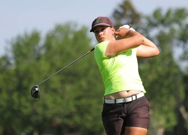 Breanne Jones tees off on the second hole during day three of the John Shippen Invitational on June 28, 2021 at the Detroit Golf Club in Detroit,...